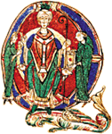 St Anselm, abbot of Le Bec, wearing the pallium of the Archbishop of Canterbury, illuminated initial from the "Monologion", by Hugo Pictor, Jumiges scriptorium, late 11th c. 