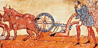 Ploughing scene with yoked oxen, Anglo-Saxon calendar, 11th c.