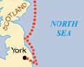 Map of  North Sea zone showing England and Norway, and Harald Hardradas journey in 1066