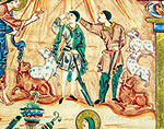 Pastori, scena della Nativit. Sacramentario di Robert de Jumiges, particolare (inizio dell’XImo sec.). Abbazia di Jumiges.