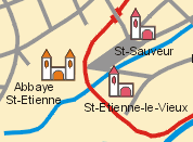 Caen nei secoli XImo-XIImo, lo sviluppo delle parrocchie urbane. Mappa di H. Halbout.