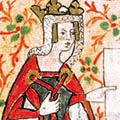 La regina Matilde con un carta comprovante la donazione a un'abbazia, miniatura, XIVmo sec. 