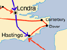Mappa delle campagne di Guglielmo il Conquistatore (rosso) e della strada di Harold a Hastings (azzurro). 