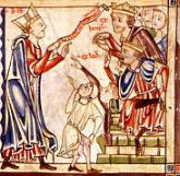 Thomas Beckett scomunica i suoi nemici nel 1166 (a sinistra) e discute coi re Enrico II e Luigi VII a Montmirail nel 1169